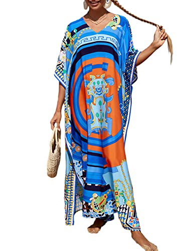 Bsubseach Bunte Strand Cover Up Lose Kaftan Kleid Kurzarm Badeanzug Coverup für Damen Blau Orange Kette von Bsubseach