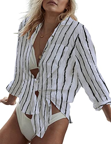 Bsubseach Print Button Down Strand Shirt Blusen Badeanzug Cover Ups für Frauen Strand Coverup Weiße Streifen von Bsubseach