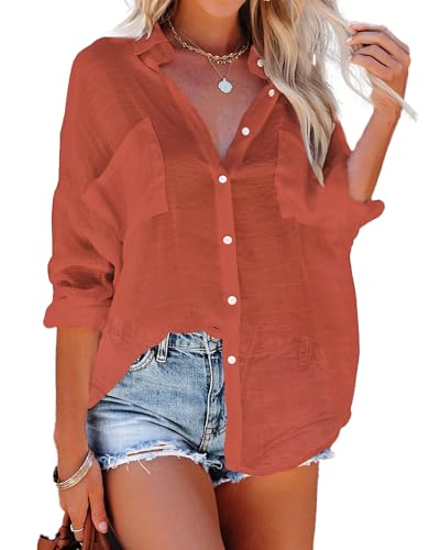 Bsubseach Button Down Swim Cover Up Shirt Sexy Langarm Strand Bluse Strandkleid für Damen Rost Rot von Bsubseach