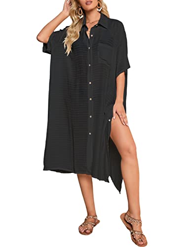 Bsubseach Button Down Swim Cover Up für Frauen Bikini Badeanzug Coverup Button Down Bademode Kimono Strickjacke Schwarz L von Bsubseach