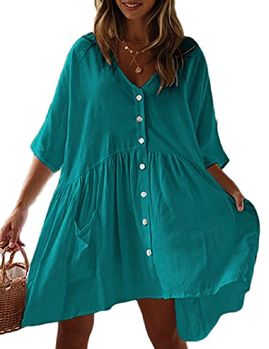 Bsubseach Casual Beach Bikini Cover Ups Damen Button Down Shirt mit Tasche Badeanzug Swim Coverup Peacock Blau von Bsubseach