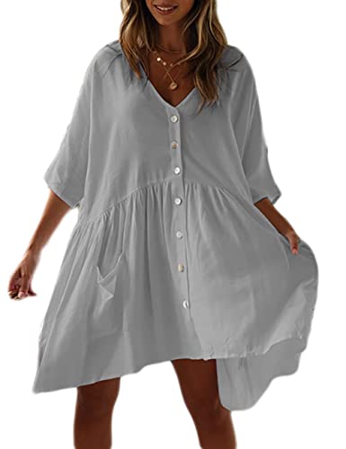 Bsubseach Casual Beach Bikini Cover Ups Damen Button Down Shirt mit Tasche Swim Coverup Hellgrau von Bsubseach