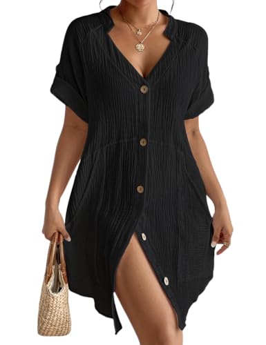 Bsubseach Cover Ups für Bademode Frauen Kurzarm Badeanzug Coverup mit Taschen Schwarz M von Bsubseach