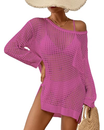 Bsubseach Gehäkelte Strandabdeckung für Frauen Hohl aus Badeanzug Coverup Langarm Gestrickt Crop Top Rose Rot von Bsubseach