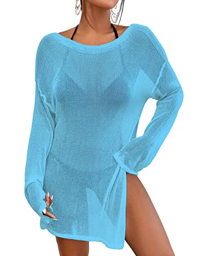 Bsubseach Crochet Beach Cover Ups für Bademode Frauen Mesh Top Sheer Badeanzug Coverup Blau von Bsubseach