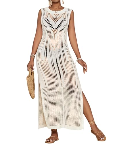 Bsubseach Crochet Beach Cover Ups für Frauen Hollow Out Sleeveless Badeanzug Cover Up Bademode Bikini Coverup Kleid Weiß M von Bsubseach