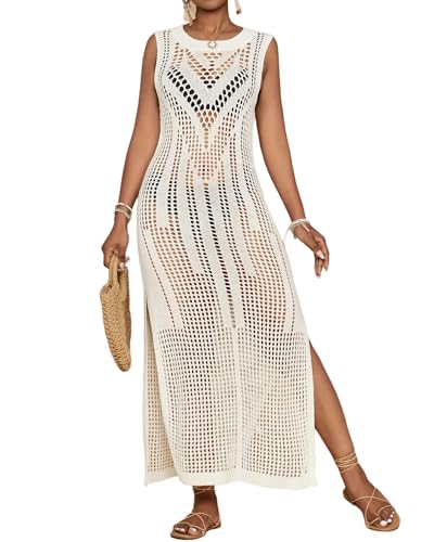 Bsubseach Crochet Beach Cover Ups für Frauen Hollow Out Sleeveless Badeanzug Cover Up Bademode Bikini Coverup Kleid Weiß S von Bsubseach