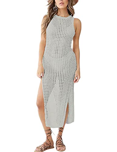 Bsubseach Crochet Cover Up for Damen Hollow Out Ärmelloser Bikini Badeanzug Coverup Bademode Side Split Beach Dress Grau von Bsubseach