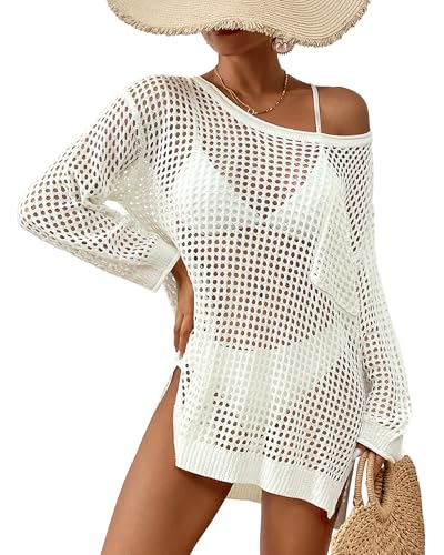 Bsubseach Crochet Cover Up für Bademode Damen Pool Badeanzug Coverup Langarm Strand Strick Tops Weiß von Bsubseach