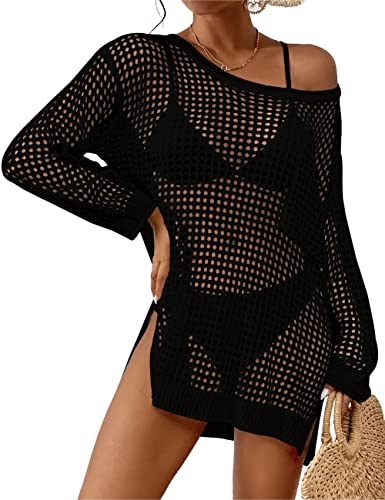 Bsubseach Crochet Cover Up für Bademode Damen Pool Badeanzug Coverup Langarm Strand Strick Tops Schwarz von Bsubseach