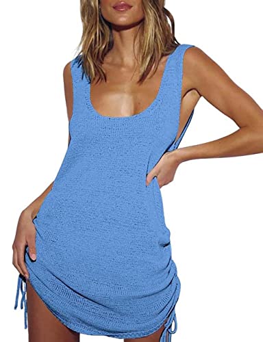 Bsubseach Damen Häkeln Rückenlose Bikini Strandkleid Sommer U-Ausschnitt Gestrickte Strand Tank Kleid Hellblau von Bsubseach