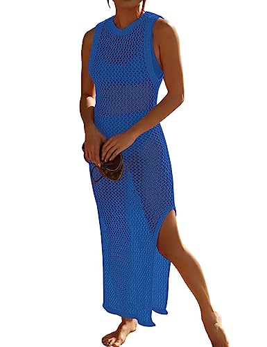 Bsubseach Crochet Cover Ups für Bademode Frauen Hollow Out Badeanzug Coverup Rückenfrei Bikini Strandkleid Blau von Bsubseach