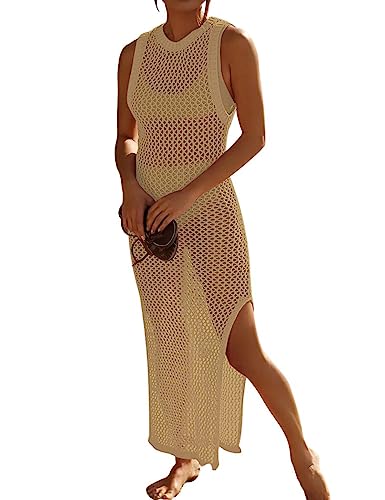 Bsubseach Crochet Cover Ups für Bademode Frauen Hollow Out Badeanzug Coverup Rückenfrei Bikini Strandkleid Khaki von Bsubseach