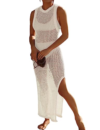 Bsubseach Crochet Cover Ups für Bademode Frauen Hollow Out Badeanzug Coverup Rückenfrei Bikini Strandkleid Weiß von Bsubseach