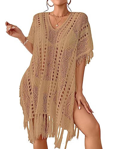 Bsubseach Crochet Cover Ups für Bademode Frauen Sexy Hollow Out Badeanzug Cover Up Knit Bikini Beach Dress Beach Outfits Camel von Bsubseach