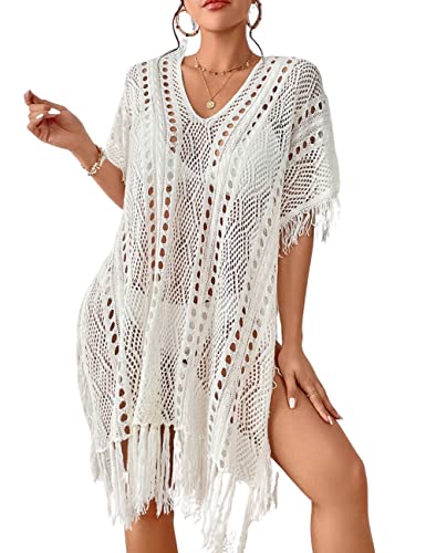 Bsubseach Crochet Cover Ups für Bademode Frauen Sexy Hollow Out Badeanzug Cover Up Knit Bikini Beach Dress Urlaub Outfits Weiß von Bsubseach