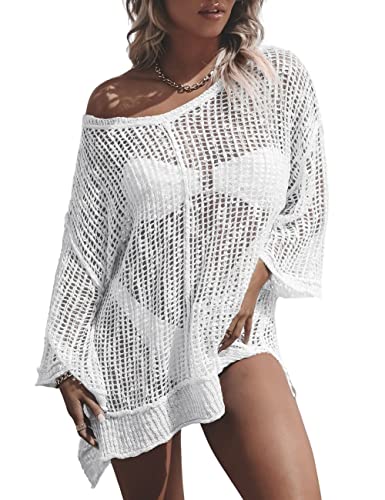 Bsubseach Crochet Cover Ups für Bademode Frauen Sexy Hollow Out Beach Top Stricken Badeanzug Cover Up Sommer Outfits Weiß von Bsubseach