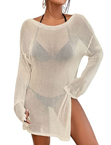 Bsubseach Crochet Cover Ups für Bademode Frauen Strand Bluse Sheer Swim Coverups Mesh Gestricktes Kleid Aprikose L von Bsubseach
