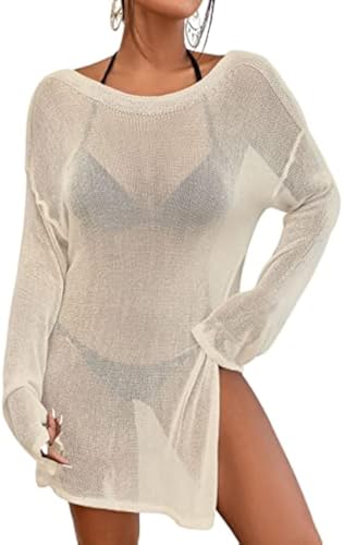 Bsubseach Crochet Cover Ups für Bademode Frauen Strand Bluse Sheer Swim Coverups Mesh Gestricktes Kleid Aprikose M von Bsubseach
