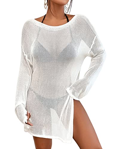 Bsubseach Crochet Cover Ups für Bademode Frauen Strand Bluse Sheer Swim Coverups Mesh Gestricktes Kleid Weiß M von Bsubseach