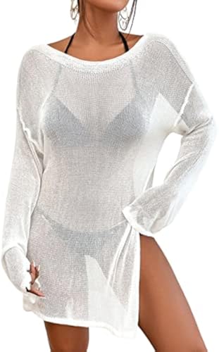 Bsubseach Crochet Cover Ups für Bademode Frauen Strand Bluse Sheer Swim Coverups Mesh Gestricktes Kleid Weiß S von Bsubseach