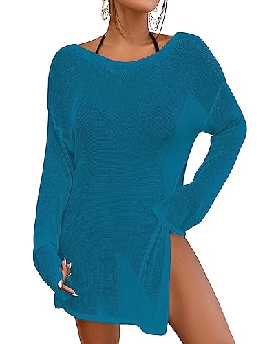 Bsubseach Crochet Coverups für Bademode Frauen Sheer Badeanzug Cover Up Kleid Mesh Strand Top Pfau Blau von Bsubseach