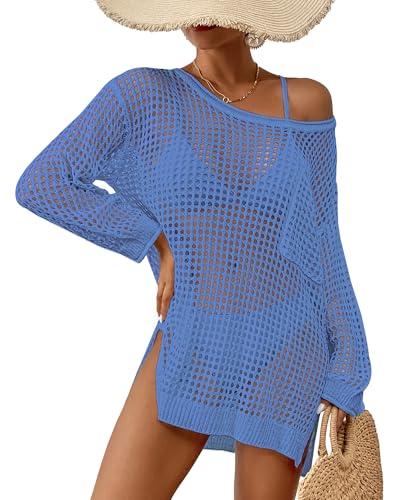 Bsubseach Crochet Schwimmen Cover Up für Frauen Badeanzug Cover Up Gestrickt Crop Top Strand Outfits blau von Bsubseach