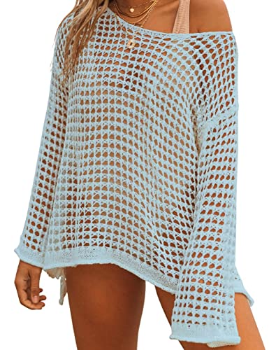 Bsubseach Crochet Crop Tops für Frauen Badeanzug Cover Ups Sexy Hollow Out Swim Cover Up Knit Sommer Outfits Hell Blau von Bsubseach