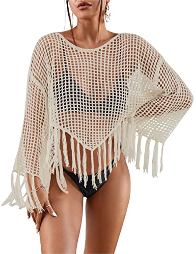 Bsubseach Gehäkelte Badeanzug für Frauen Sommer Mesh Strand Top Langarm Fransen Coverup Aprikose von Bsubseach