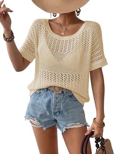 Bsubseach Crochet Tops für Frauen Kurzarm Cover Ups für Bademode Frauen Stricken Hollow Out Pullover Mesh Top Aprikose L von Bsubseach