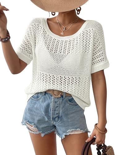 Bsubseach Crochet Tops für Frauen Kurzarm Cover Ups für Bademode Frauen Stricken Hollow Out Pullover Mesh Top Weiß L von Bsubseach
