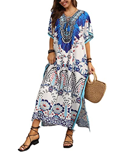 Bsubseach Damen African Print Maxi Kaftan Kleider Plus Size Strandkleid Kurzarm Caftan Kleid Blau Feder Print von Bsubseach