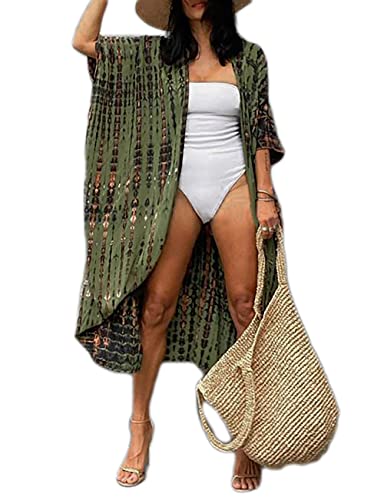 Bsubseach Damen Army Green Tie Dye Long Beach Cover Up für Bademode Open Front Sommer Kimono Strickjacke von Bsubseach