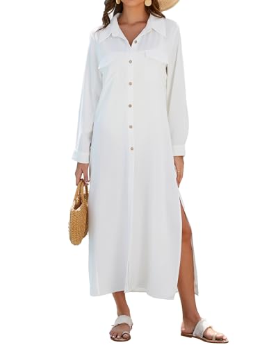 Bsubseach Damen Bademode Cover Ups Langarm Knopf Hemdkleid Strand Cover Up Kimono Beachwear Urlaub Weiß XL von Bsubseach
