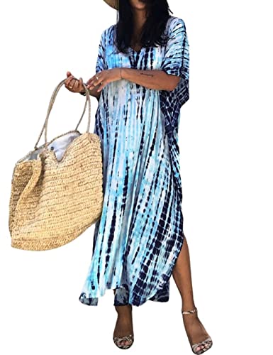 Bsubseach Damen Strand Kaftan Kleider Halbe Ärmel Plus Größe Strandponcho Caftan Kleider Hellblau von Bsubseach