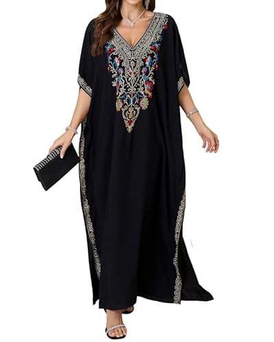 Bsubseach Damen Bestickt Kurzarm Bikini Strandkleid Side Split Beach Kaftan Kleid Schwarz von Bsubseach