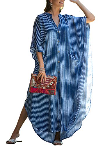 Bsubseach Damen Blau gestreifte Bikini Strandkleid Plus Size Caftan Kleider Button Up Strand Kaftan Shirt Kleid von Bsubseach