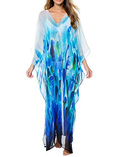 Bsubseach Damen Blue Leaf Print Chiffon Beach Langes Kleid Loose Batwing Sleeve Strandkleid Beachwear von Bsubseach