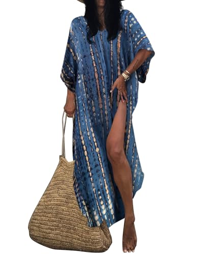 Bsubseach Damen Strandkleid Boho Strandponcho Plus Größe Kaftan Sommerkleid Maxikleid Lose Maxi Kimono Kaftan Blau Druck von Bsubseach