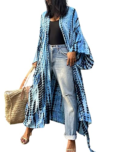 Bsubseach Damen Tie Dye Open Front Kimono Strickjacke Lange Ärmel Strand Cover Up für Bademode Blau von Bsubseach