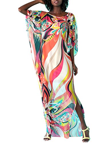 Bsubseach Damen Bunte Blumen Print Chiffon Bademode Türkische Kaftans Strandkleid Caftan Beach Langes Kleid von Bsubseach