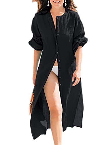 Bsubseach Damen Button Up Bikini Strandponcho Kimono Beachwear Badeanzug Beach Cardigan Shirt Schwarz von Bsubseach