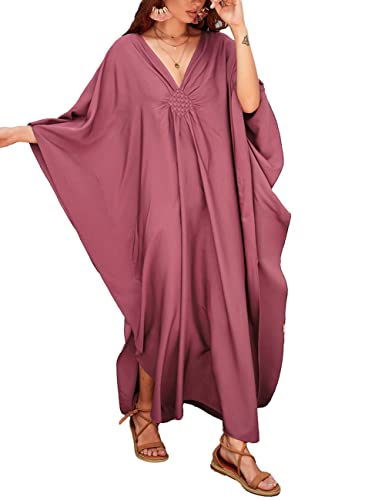 Bsubseach Damen Casual Kaftan Kleid Batwing Sleeve Plus Size Strandkleid Maxi Caftan Kleider Rose Rot von Bsubseach