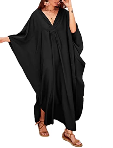Bsubseach Damen Casual Kaftan Kleid Batwing Sleeve Plus Size Strandkleid Maxi Caftan Kleider Schwarz von Bsubseach