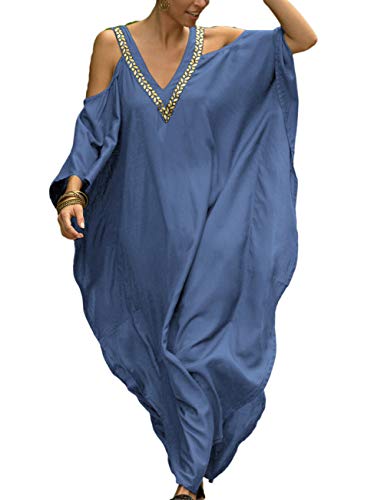 Bsubseach Plus Größe Kaftan Abdeckungen Ups für Bademode Frauen Kalte Schulter Badeanzug Abdeckung Up Kaftan Kleid Blau von Bsubseach
