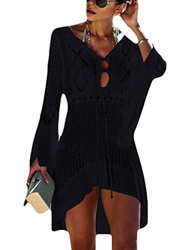 Bsubseach Damen Crochet Badeanzug Bikini Cover Up Hollow Out Flare Sleeve Gestricktes Strandkleid Schwarz von Bsubseach