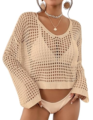 Bsubseach Damen Crochet Crop Top Strand Badeanzug Cover Up Langarm Hollow Out Badeanzug Cover Ups Sommer Outfits Aprikose von Bsubseach