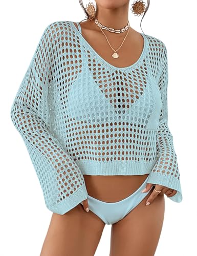 Bsubseach Damen Crochet Crop Top Strand Badeanzug Cover Up Langarm Hollow Out Badeanzug Cover Ups Sommer Outfits Hell Blau von Bsubseach