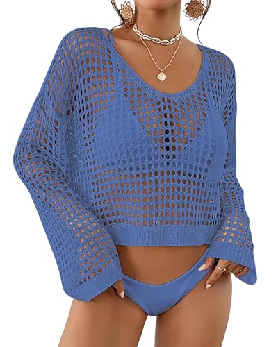 Bsubseach Damen Crochet Crop Top Strand Badeanzug Cover Up Langarm Hollow Out Badeanzug Cover Ups Sommer Outfits Königs Blau von Bsubseach
