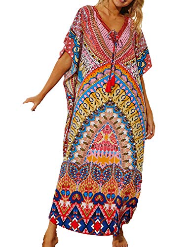 Bsubseach Damen Print Kurzarm Strand Kaftan Kleid Loose V-Ausschnitt Bikini Strandkleid für Bademode von Bsubseach